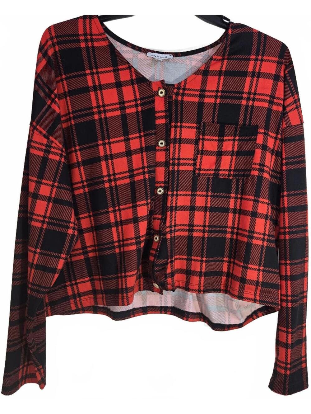 White Birch Red and Black Plaid Button-Up Crop Top Size XL